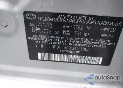 2013 Hyundai Elantra Gls z USA, uszkodzony, nr VIN 5NPDH4AE9DH351865